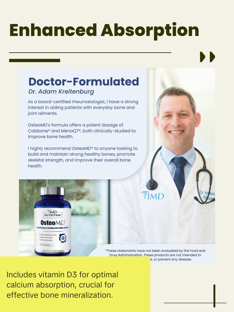 1MD Nutrition OsteoMD -Comprehensive Bone Density Support - Vitamin D3 & K2, Calcium & Calzbone Extract