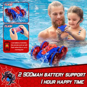 Remote Control Boat Car , Amphibious Gesture RC Boat Car 4WD Waterproof, RC Gesture Stunt Car with LED Lights, Water Beach Pool Toys for Kids Ages 4 5 6 7 8 9 10 11 12 Gifts for Boys Girls (Blue&Red)