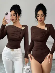 New Women's Maroon Color Fall Casual Asymmetrical Neck Metallic Flower Pin Design Slimming Bodycon Stylish Jumpsuit Long Sleeve