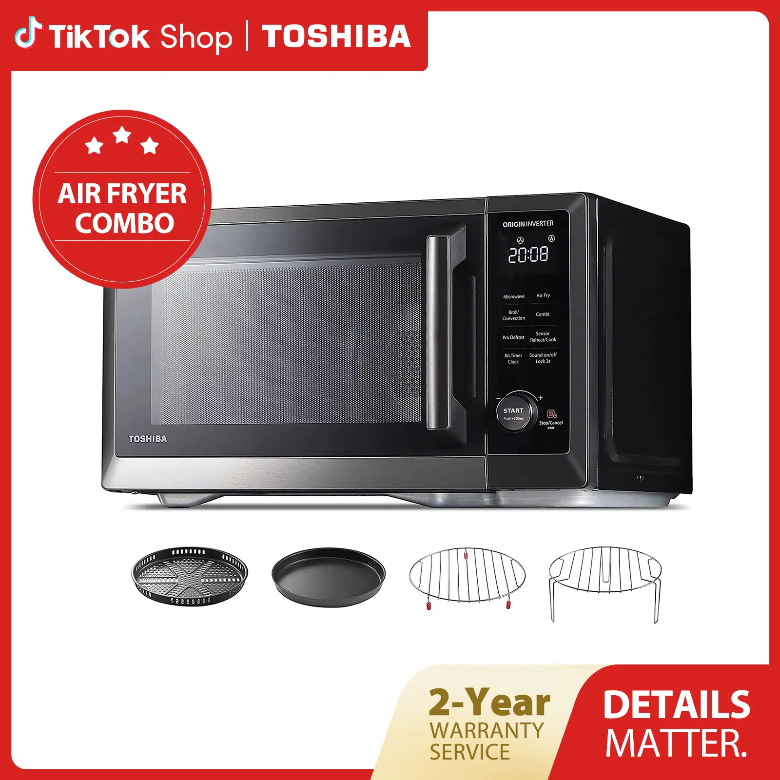 TOSHIBA 7-in-1 Countertop Microwave Oven, 1.0 cuft. Air Fryer Combo with Inverter Convection, Humidity Sensor, Even Defrost, 27 Auto Menu & 47 Recipes Kitchen Appliances