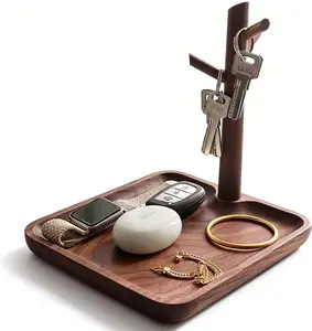 Black Walnut Wooden Key Tray, Multi-Functional Key Bowl for Entryway Table, Key Holder Stand equipped with 3, Wood Dish for Wallet,Watch,Mobile Phone and Jewelry Organizer