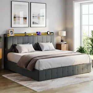 Garvee Full Bed Frame with Lift Up Storage & LED Lights, Upholstered Velvet Bed with Storage Headboard & Charging Station, Metal Platform Bed, No Box Spring Needed, Solid Wooden Slats, Grey