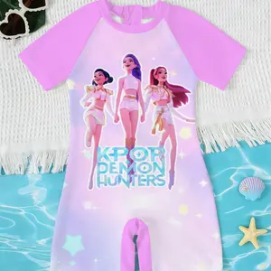 Girls' Kpop Demon Hunters Sun Protection One-Piece Swimsuit, Dreamy Gradient, 3D Girl Group Stage Style Short Sleeve Surf Suit