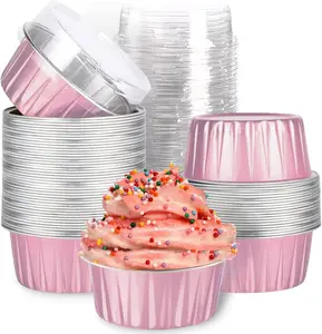 Mini Aluminum Foil Cupcake Baking Cups with Lids (40pcs, 5oz) Round Liners Tart Pie Tin Pan Holder - Disposable Cake Containers Flan Molds for Pudding, Souffle, Party, Wedding Pans