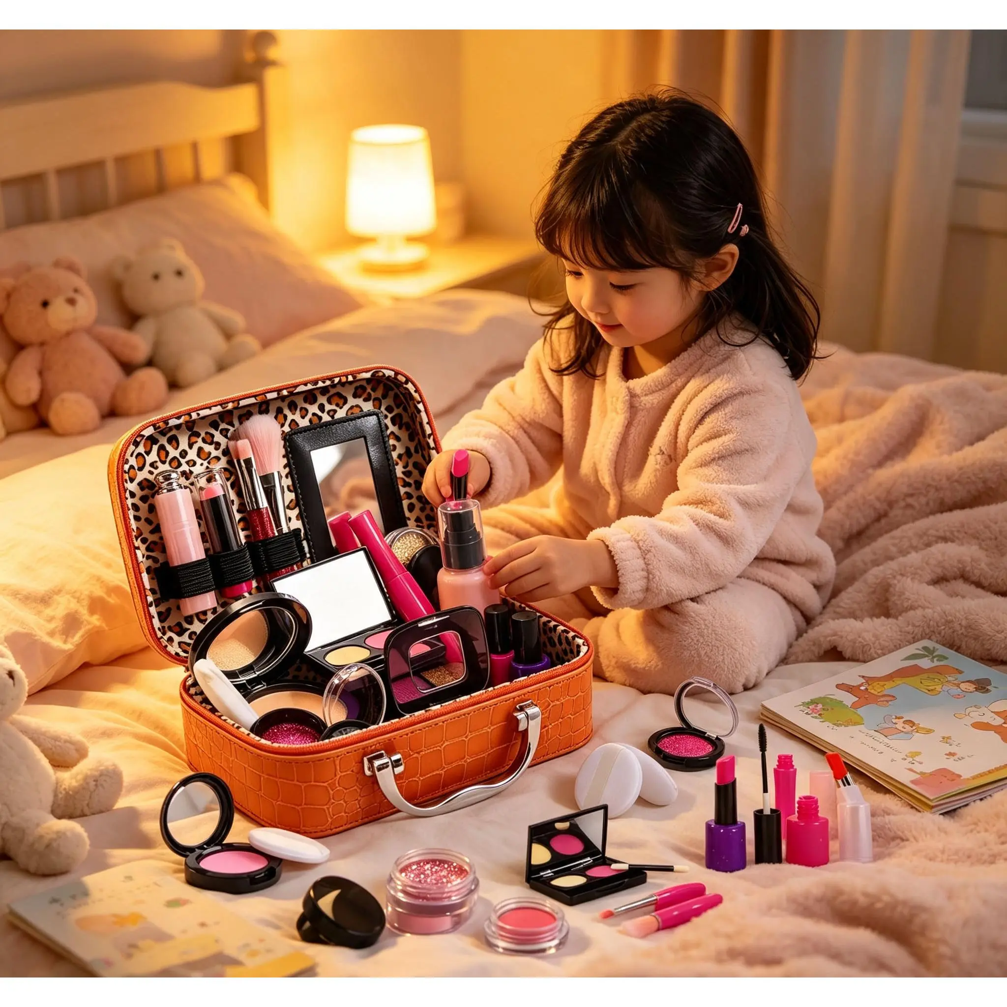 Safe Pretend Cosmetic Kit for Girls 3+, Pigment-Free Simulated Lipstick, Brushes and Nail Polish, Easy Storage Carry Bag, Creative Pretend Play Toy Suitable for Birthday Presents