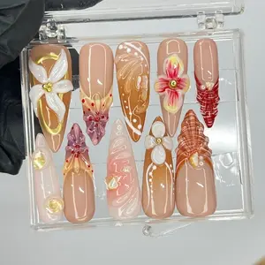 3D Flower Press On Nails Floral Seashell Gel False Nails Jelly Pastel Nails Set