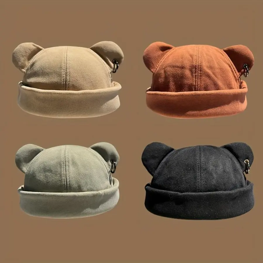 Unisex Cute Bear Ear Fashion Hats, Solid Color Brimless Cap with Rolled Cuff for Fall & Winter, Outdoor Sports & Casual Wear Accessory, Sporty Chic, Adults, Machine Wash, All Seasons, Cotton