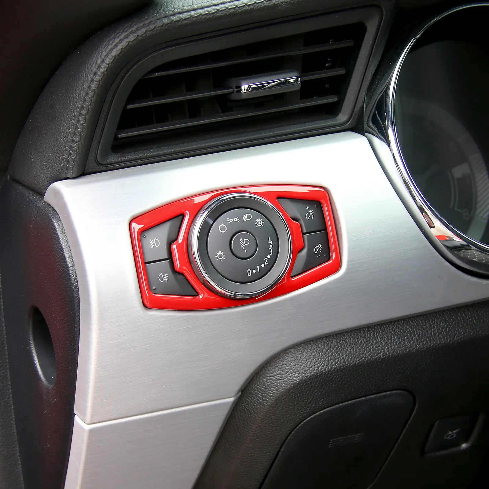 Car Interior Decorations ABS Laser-Cut Red Headlight Switch Knob Cover Trim - 1 Set Adhesive Backing DIY Install Accessory Kit, Perfect Fit for 2015-2023 Ford Mustang & 2015-2020 F150, Includes Truck Door Protector, Accessories for Car