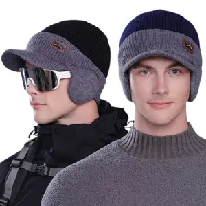 Winter Beanie W/Visor & Earflaps for Men Outdoor Fleece Hat Men Knit Beanie Visor Cap Women Thick Beanie with A Brim Skull Cap Snowboarding Warmth Sun Protection Adjustable Slouch Cold Weather