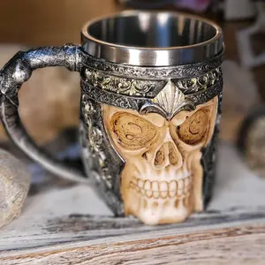 3D Viking Skull Mug - Medieval Warrior Stainless Steel Beer Tankard & Coffee Cup (13oz, Novelty Gothic Gift)