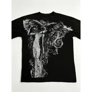 Affliction Dark Angel Print Short Sleeve T-Shirt, Casual Loose-Fitting H-Type Design, Graphic Pattern Long Clothing everyday Lightweight Polo denim