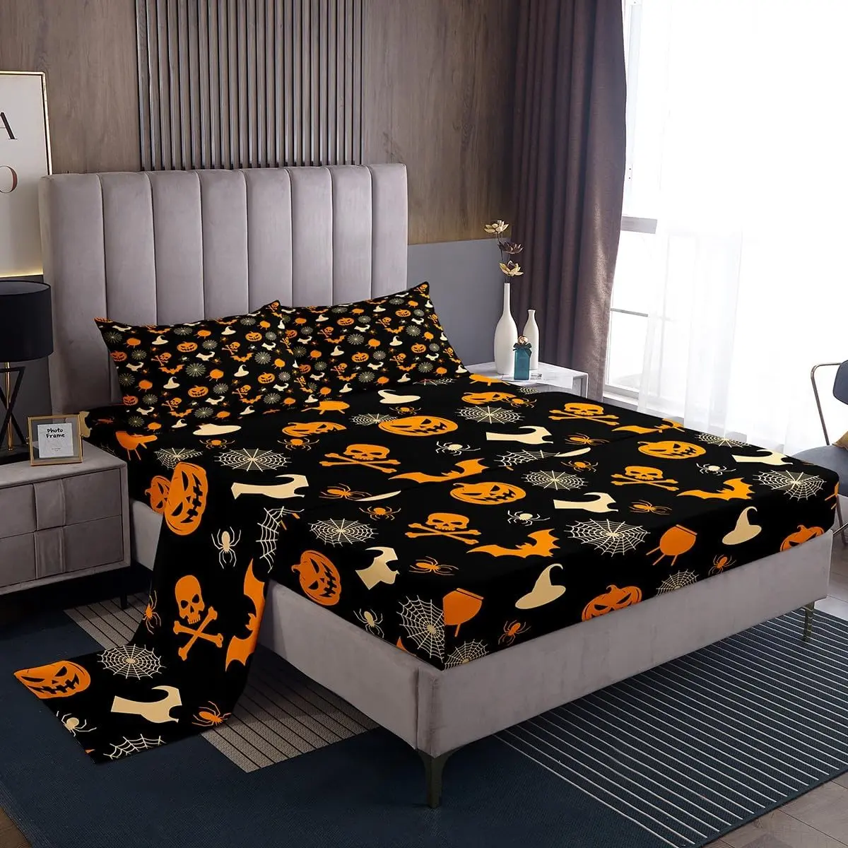 Feelyou Twin Size Halloween Decorative Bedsheet Sets - Breathable Fitted Bedding Set with Bat, Pumpkin, Lantern, Skull, Spider Patterns, Vintage Brown Deep Pockets Decor