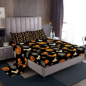 Feelyou Twin Size Halloween Decorative Bedsheet Sets - Breathable Fitted Bedding Set with Bat, Pumpkin, Lantern, Skull, Spider Patterns, Vintage Brown Deep Pockets Decor