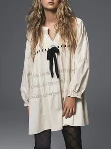 Women's Loose Fit Babydoll Mini Dress, Long Sleeve Dress with Lace & Bow Detail, Casual Flowy Tunic Dress for Fall summer