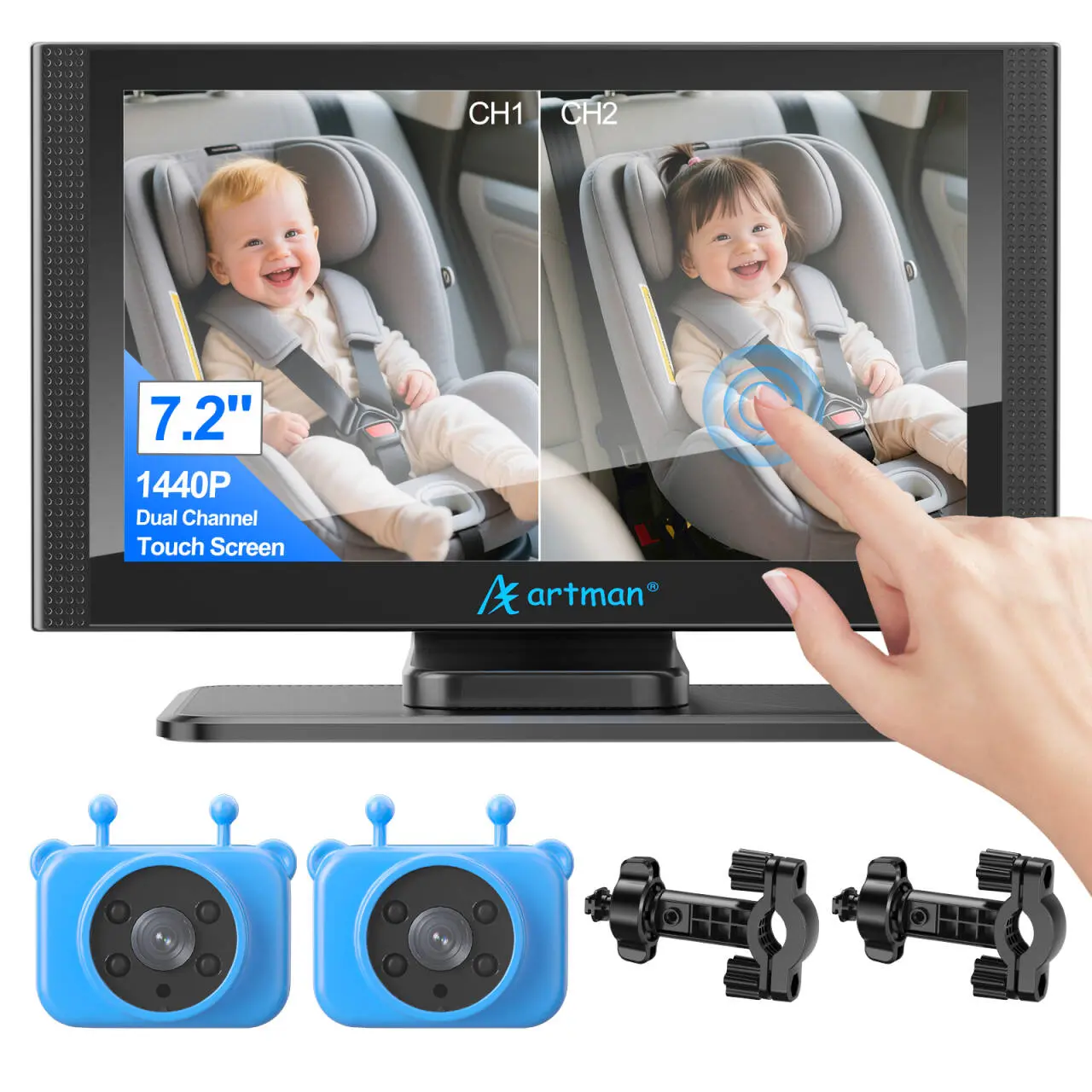 Artman Baby Car Camera, 1440P Baby Car Monitor with 7.2'' HD Touchscreen Split View & 940nm Night Vision - Dual Camera for Backseat with Anti-Shake, for Mom of Twins/Toddlers/Pets