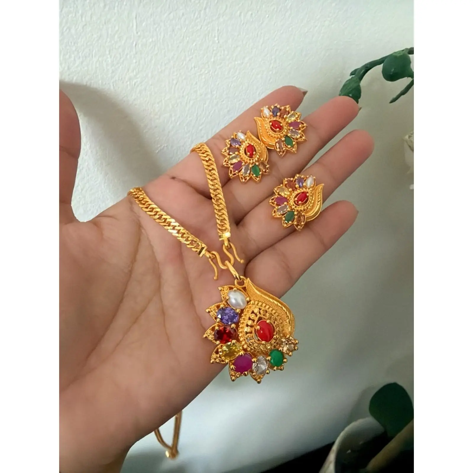 Gold Finish Chain with Navratna Pendant and Matching Earrings Set - Elegant Jewelry Collection