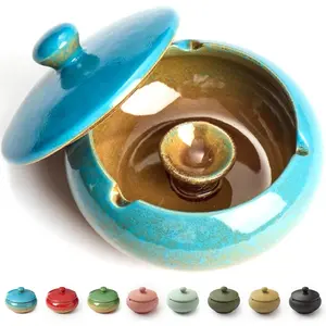 Windproof Ceramic Ashtray with Lid, Smokeless Ash Tray for Outdoor Patio, Home Office Tabletop and Balcony, Blue