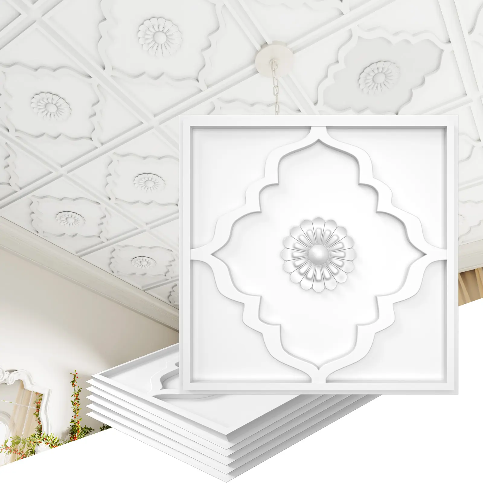 LOOYEE 24 PCS 24x24 in Lightweight Diamond Grid PVC Ceiling Tiles, 3D Modern Minimalist Geometric Fireproof Waterproof Cut-to-Size Panels, Bloom Floral Wall Panels for Living Room, Basements (Covers 96 Sq.Ft, Wall Application Ready), 3D Designs