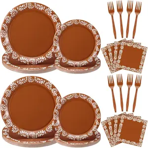 122 Pcs Brown Cielito Lindo Baby Shower Decoration Platos De Barro Mexicanos Fiesta Talavera Paper Plates Mexican Napkins Forks Tableware Set for Birthday Weeding Party Supplies, Serve 24
