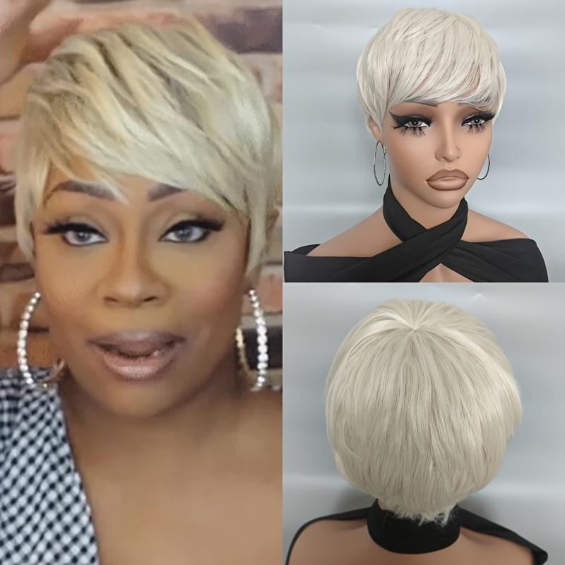 Synthetic Wig Pixie Cut Wig Honey Blonde Short Wavy Wig With Bangs For Women