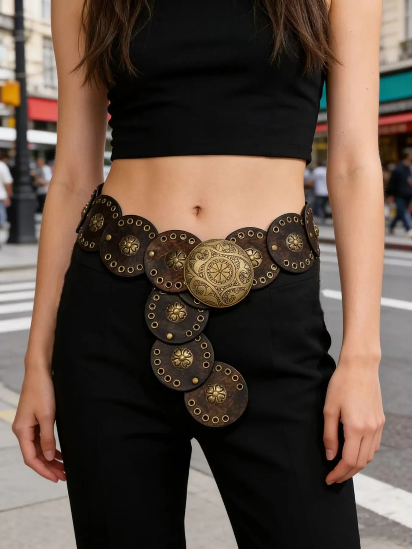 American Vintage Distressed Round Patchwork Eyelet Single Layer Chain Ethnic Style Dress Waist Decor, Women's Fashion Clothing Studded Belt Buckle Statement Belts Decorative Belt Street Style Belt Belts For Dresses