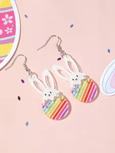 Cute Festive Acrylic Rainbow Striped Easter Bunny Egg Pendant Earrings, Perfect for Women & Girls, Ideal Easter Holiday Gift Accessory