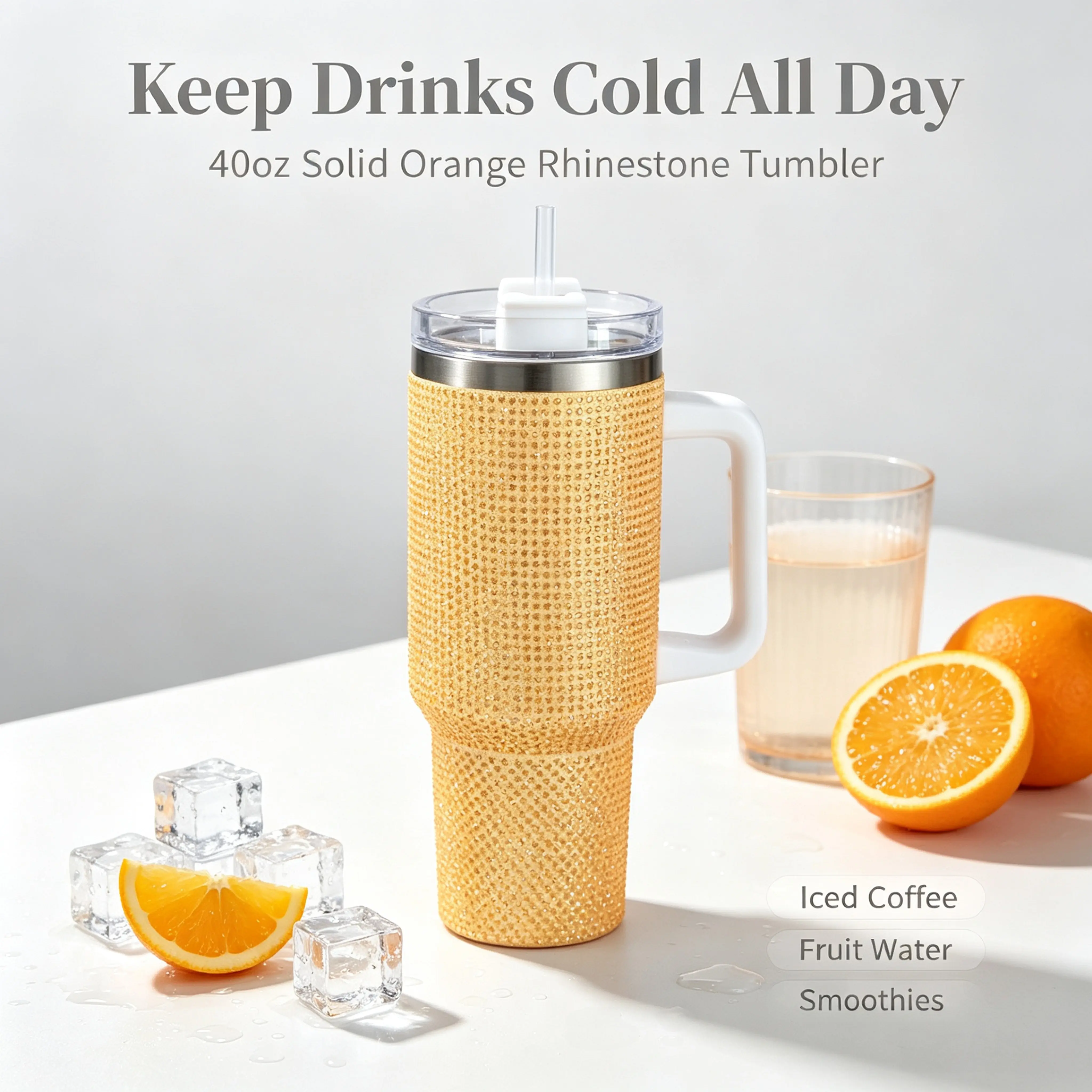 Women's 40oz (1,000-2,000ml) Portable Modern Orange Ab-Shimmer Rhinestone Tumbler - 304 Stainless Steel Insulated Drinkware with Handle, Leak-Proof Straw Lid, Full Crystal Studded Travel Mug (Car, Office Gifts, Keeps Beverages Warm for 6-8 Hours)