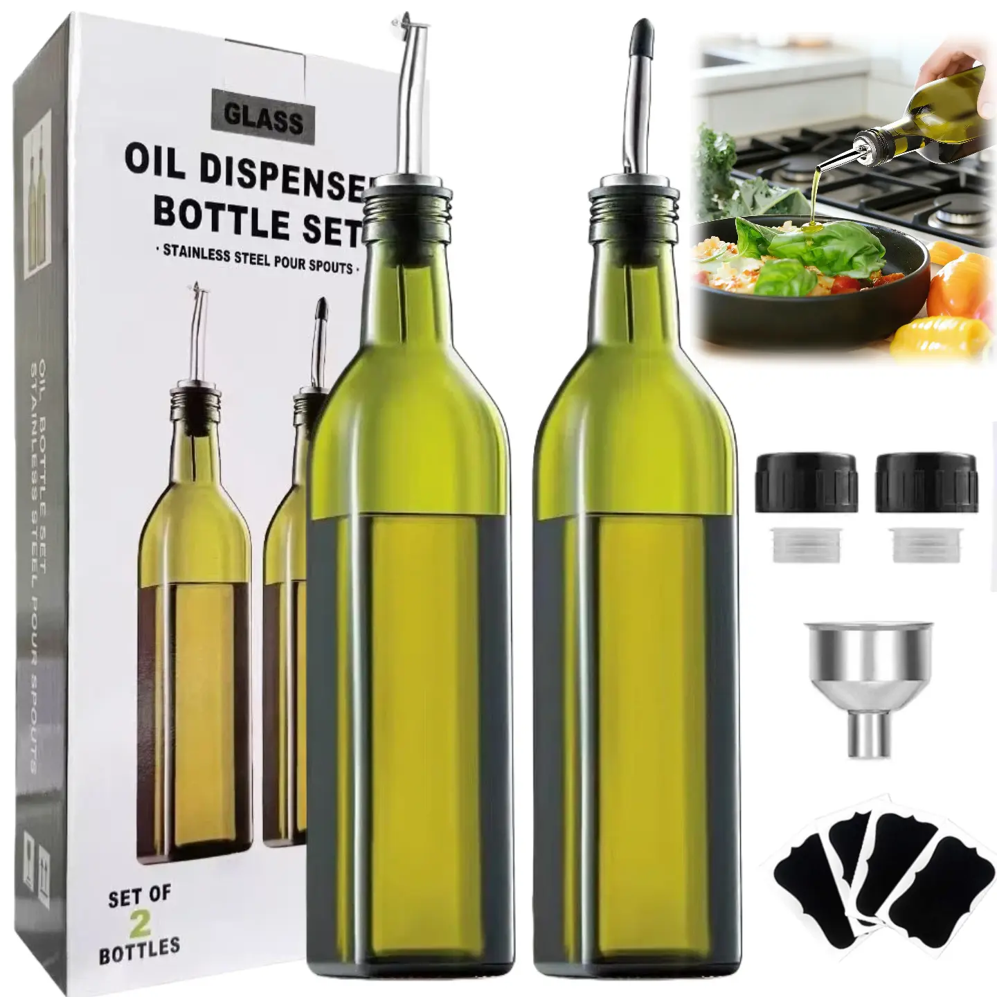 Kitchen Utensils 2-Pcs Green Glass Oil & Vinegar Bottle Set - 500ml Leakproof Cooking Oil Container with 2 18/8 Steel Spouts, 4 Labels, 1 Funnel for Kitchen Cooking, Salad Dressing