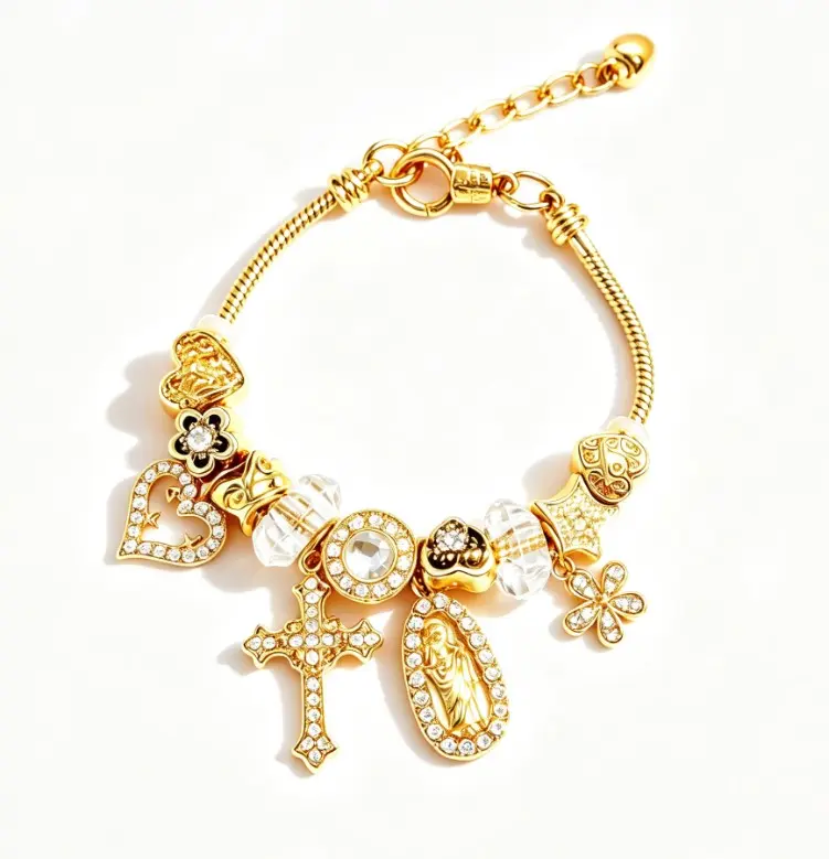 Vintage Gold Charm Snake Chain Bracelet, Cross Virgin Mary Heart Crystal Bead Adjustable Bangle, Religious Dainty Stackable Wrist Jewelry Gift for Women Girls