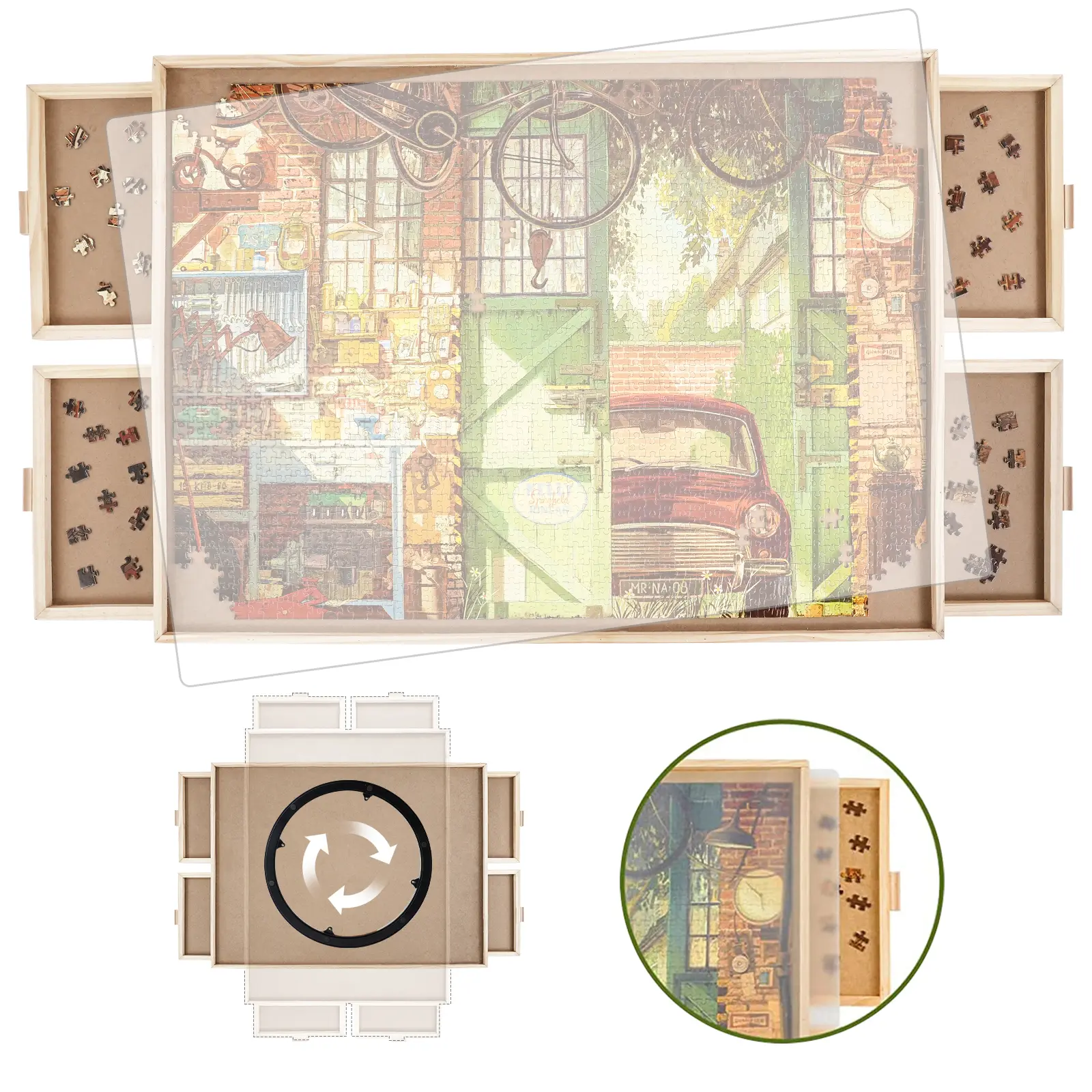 All4jig 1500/2000 Piece Rotating Wooden Puzzle Board with Drawers and Cover, 26"x35"Portable Wooden Jigsaw Puzzle Table for Adults and Mother’s Day Gift  Portable, Lazy Susan Spinning Puzzle Boards
