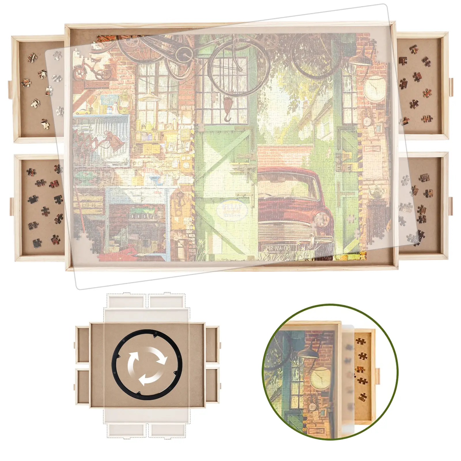 All4jig 1500/2000 Piece Rotating Wooden Puzzle Board with Drawers and Cover, 26"x35"Portable Wooden Jigsaw Puzzle Table for Adults Portable, Lazy Susa