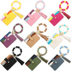 1pcs Card Holder PU Color Patchwork Multifunctional Short Hasp Wallet With Silicone Bead Bracelet Tassel