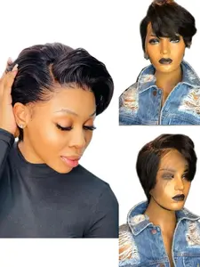 13x1 T Part Lace Wig Pixie Cut Wig Straight Human Hair Wig for Women Halloween Wig 150% Density  6 Inch