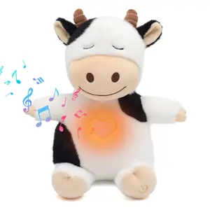IUTOYYE Huggable Breathing Cow Giraffe Dinosaur Stuffed Animal Plush Toy - 8 Soothing Music Modes for Anxiety Relief, Adjustable Breathing & Glowing, Soft Plush Cow Horn Design, Home Decor & Gift (11.81in)