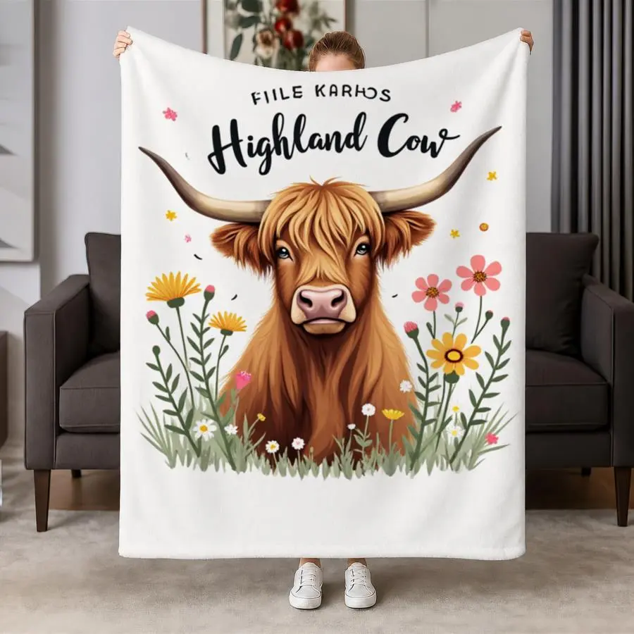 Cozy Highland Cow & Wildflower Flannel Throw Blanket - Soft Warm Fleece Suitable for Couch, Bed, Travel | Machine Washable Weighted Blanket with Brown Cow & Wildflower Design, - Bedspread for,,, Home Decor Gift