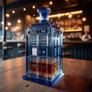 Police Box Shaped Whiskey Decanter, Handcrafted Blue Glass Liquor Bottle, Perfect Gift for Men, Home Bar Decor, Collectible Display