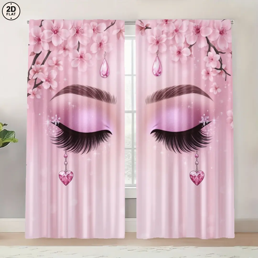 2 Piece Printed Curtains with Long Eyelash Pattern, Rod Pocket Design, Easy to Hang, Vibrant Semi-Transparent Privacy Curtains