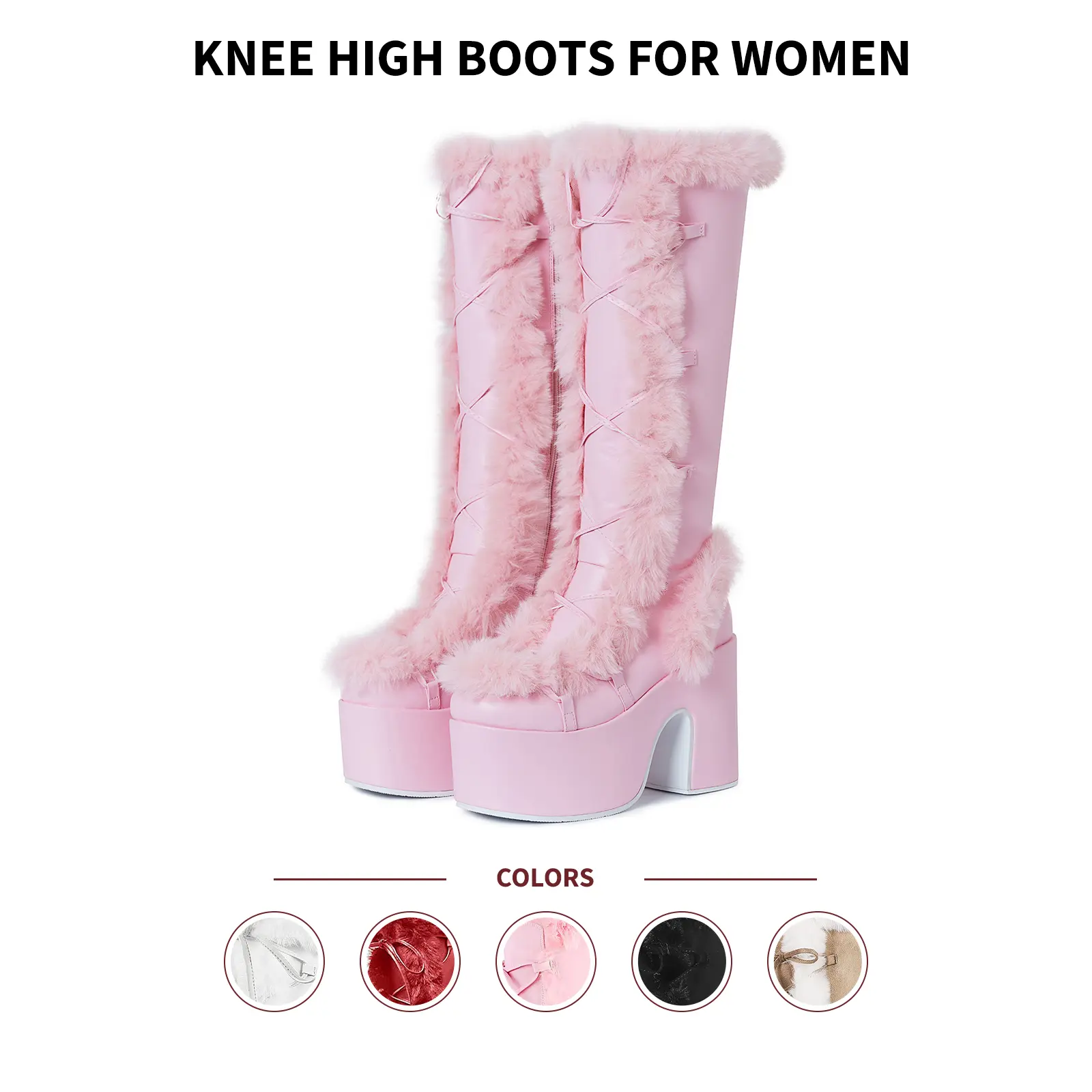 VIMISAOI Knee High Boots for Women Round Toe Platform Boot Chunky Block Heels Side Zipper Warm Faux Fur Lace Up Dress Shoes Womens Boots Womens Boots fur boots furry boots snow boots fluffy boots