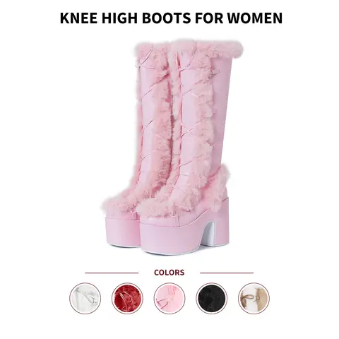 VIMISAOI Knee High Boots For Women Round Toe Chunky Block Heels Side Zipper Plush Faux Fur Lace Up Warm Party Dress Casual Outdoor Concert Night Out Comfortable Stylish Furry Fluffy Fashionable Platform booties Shoes