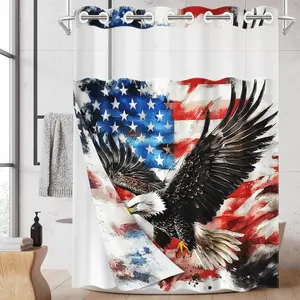 1PC 2D Flat Watercolor Flag Bald Eagle Printed Shower Curtain, Ink Style Star Spangled Banner Bald Eagle Design, Waterproof Detachable Liner Bathroom Curtain, Bathroom Accessory (No Hooks)