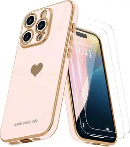 Entronix Case for Apple iPhone 16/15/14 Plus/Pro Max - Golden Heart Plated Cover & [2] Clear Screen Protectors, Smartphone Accessories Tempered