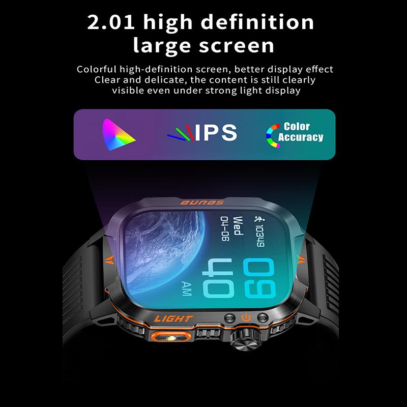 2026 Outdoor-Style Smartwatch with 2.01-inch IPS Screen LED Lighting Wireless Call Sports Modes Calorie Tracker Compass Weather Alerts Men's Gift