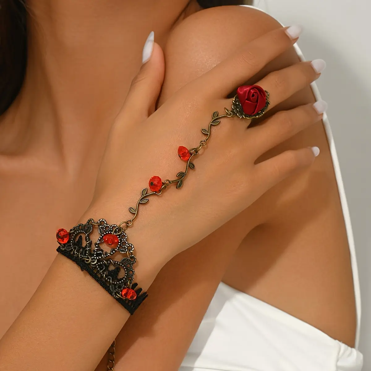 Gothic Inspired Ring Bracelet Vintage Black Lace & Red Rose Finger Bracelet Punk Lace Floral Wristlet with Red Rhinestone Accents Wear & Party Occasions