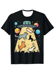Alien Captured Cat UFO Space Galaxy Pattern T-Shirt, suitable for casual outdoor daily wear, a fun gift for parents and friends, applicable throughout the year
