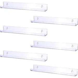 6 Pack 15 Inch  Invisible Floating Bookshelf for  Room, Modern Picture Ledge Display  Storage Wall Shelf, Clear
