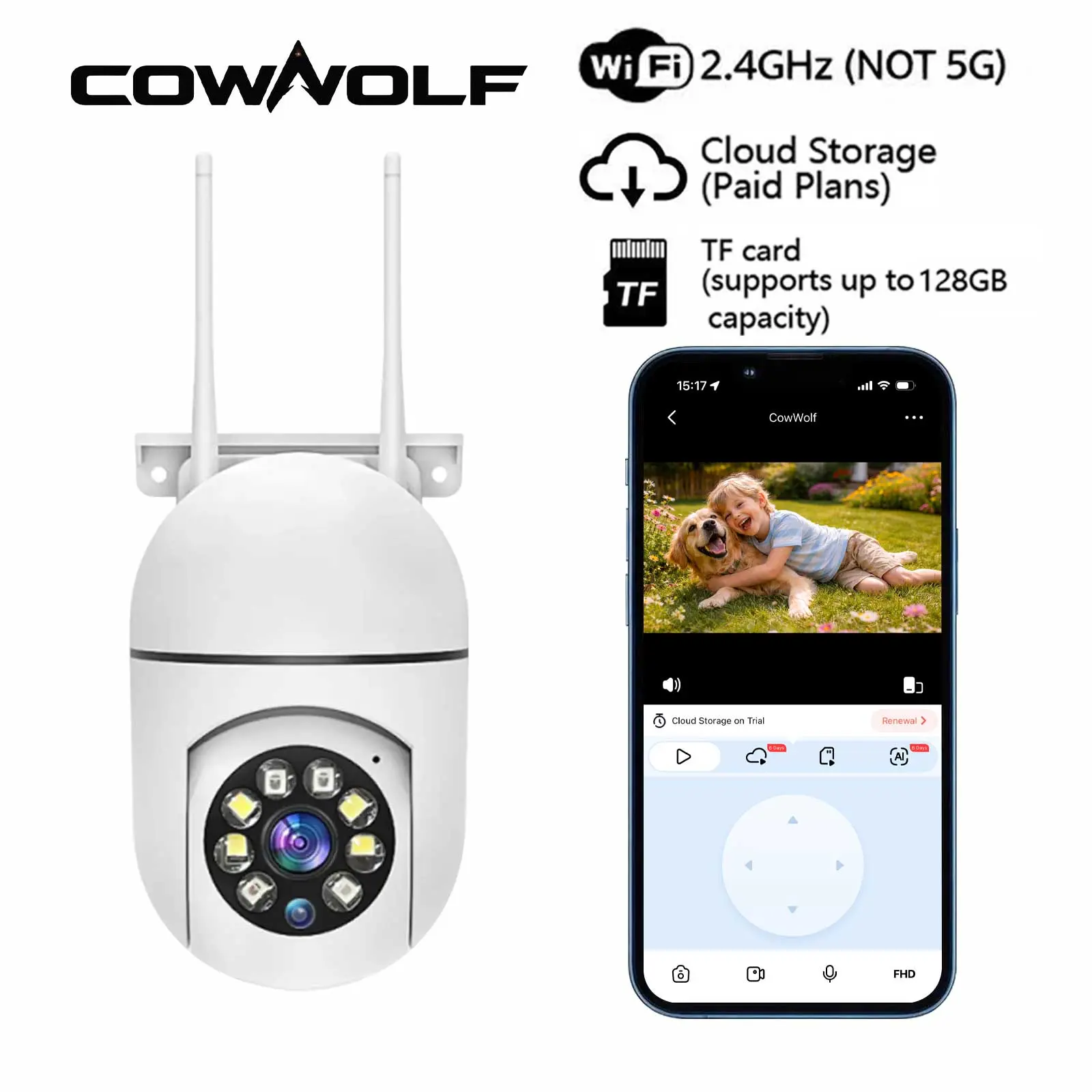 CowWolf 355°PTZ and 90°Tilt Control WiFi Security Camera, 2.4GHz WiFi, Motion Detection, Two-Way Audio, Night Vision And Light Modes, SD Card/Cloud Storage (Paid Plan)