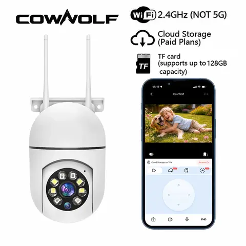 CowWolf Wireless Indoor Security Camera - 355°PTZ, 90°Tilt Control, 2.4GHz WiFi, App Controlled, Smart Home Gadget, Motion Sensor, 2-Way Audio, Night Vision & Light Modes, Micro SD/Optional Cloud Storage, WiFi Monitoring Camera