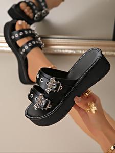 women's punk style bat decor platform sandals, fashionable chunky sole sandals for summer, all-match flatform commuter shoes for work & daily wear, girl footwear