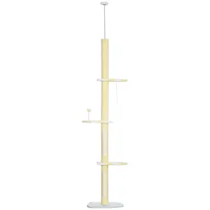 4-Tier Floor to Ceiling Cat Tree Height Adjustable 87-103 Inch with Scratching Post & Solid Pine Wood Construction for Active Cats