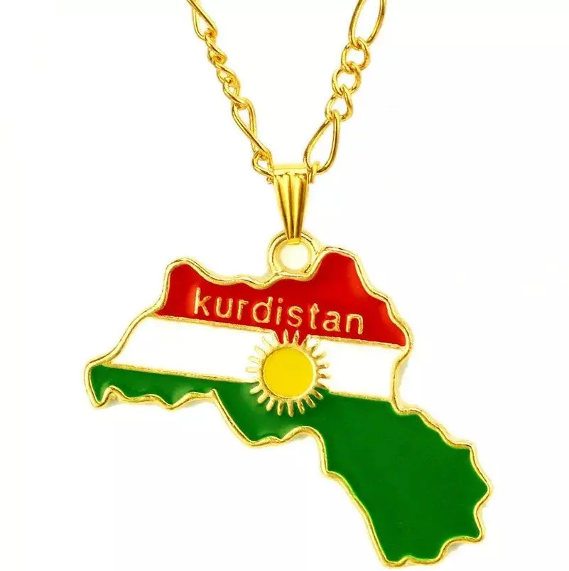 Kurdistan Region Map Pendant Necklaces Chain Gold Plated National Flag Of Kurdish Jewelry Unisex